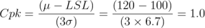 Cpk of example mu 120, lsl 100, sigma 6.7